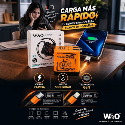 SÚPER CARGADOR CELULAR  W&O GaN, VELOCIDAD Y PRECISIÓN.