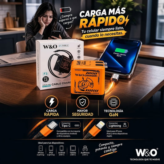SÚPER CARGADOR CELULAR  W&O GaN, VELOCIDAD Y PRECISIÓN.