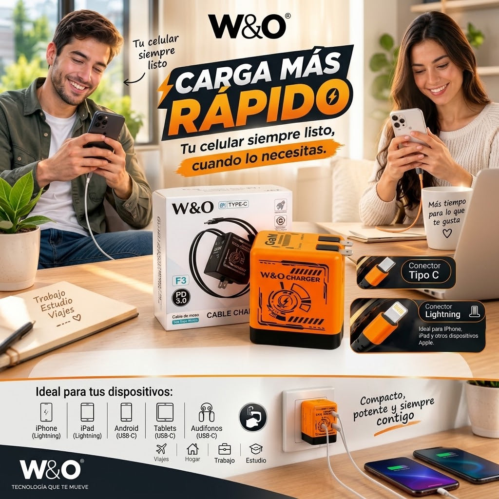 SÚPER CARGADOR CELULAR  W&O GaN, VELOCIDAD Y PRECISIÓN.