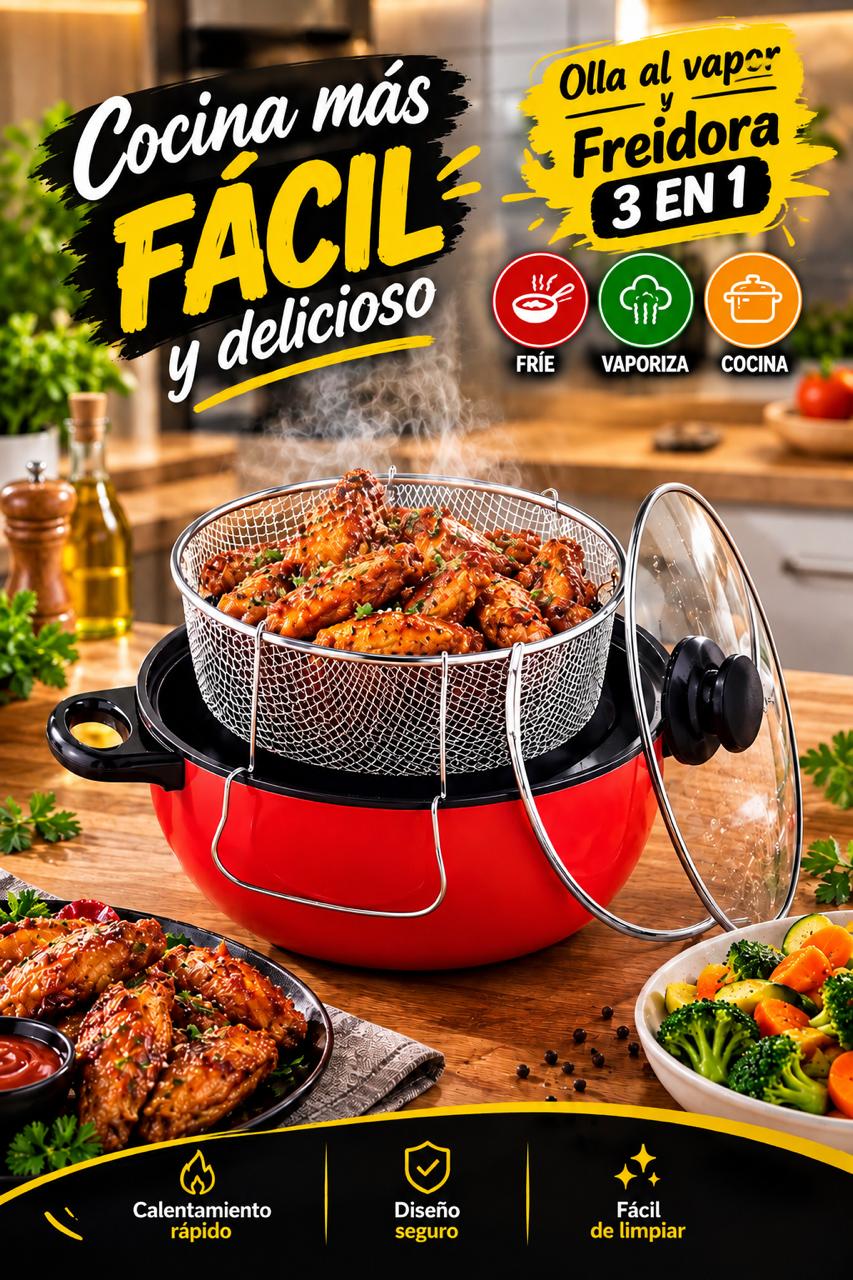 OLLA AL VAPOR Y FREIDORA 3 EN 1 MULTIFUNCIONAL