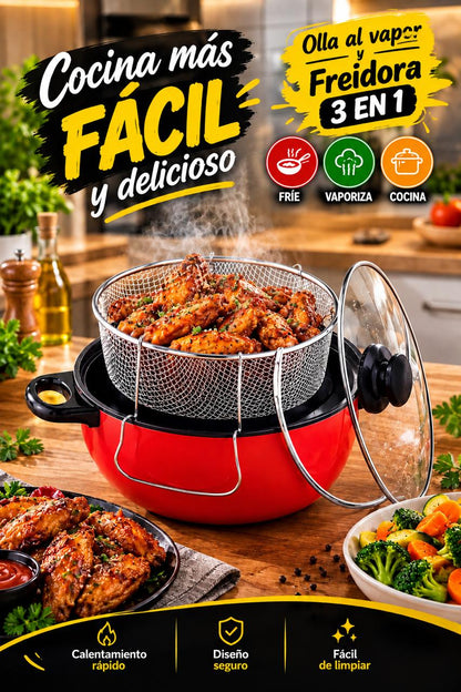 OLLA AL VAPOR Y FREIDORA 3 EN 1 MULTIFUNCIONAL