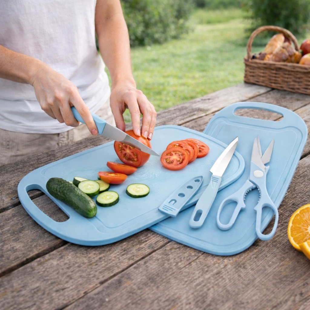 SET 4 EN 1 TABLA DE PICAR+CUCHILLO+PELADOR+TIJERA
